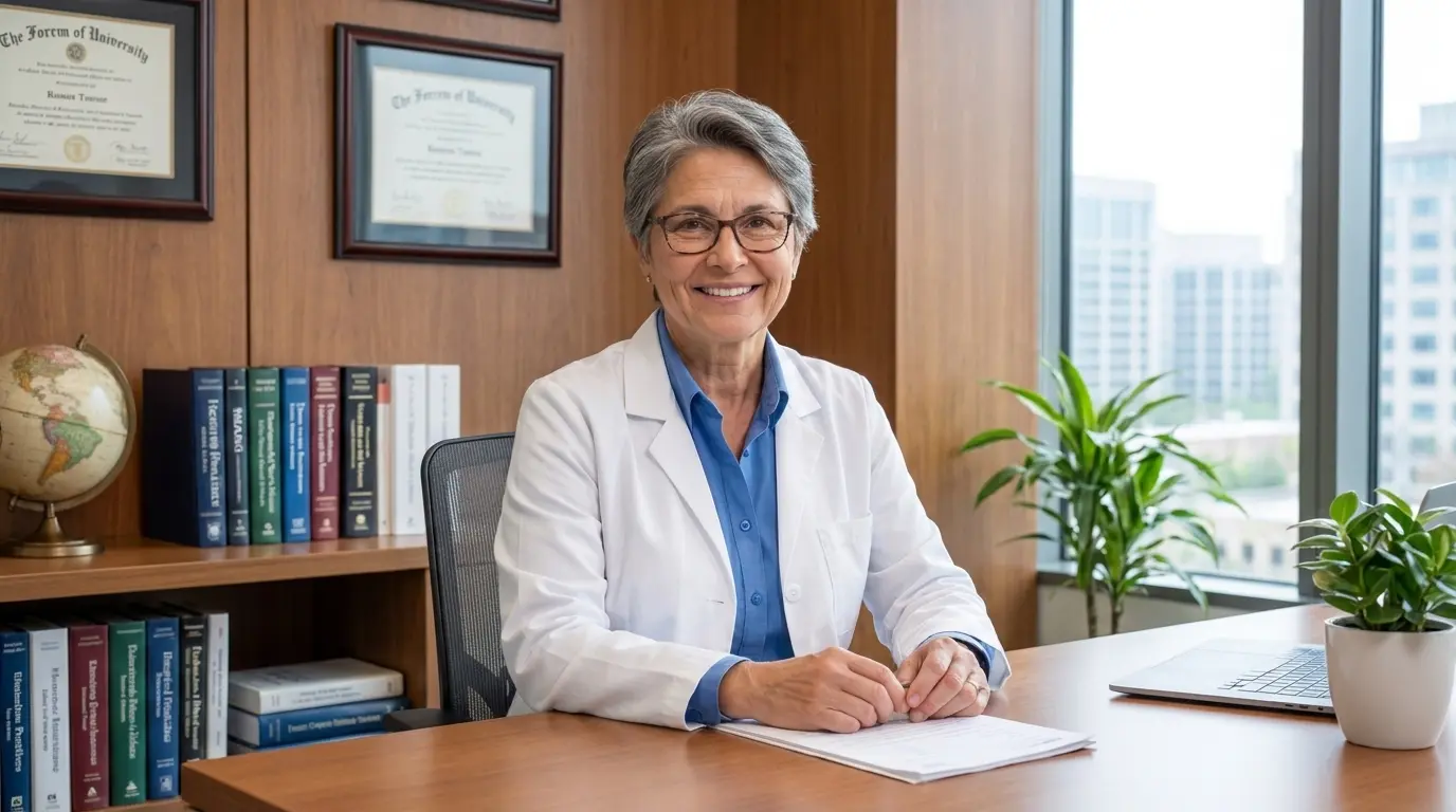 Female doctor in her 50s standing in modern kitchen, looking concerned while holding up old non-stick pan next to new titanium pan