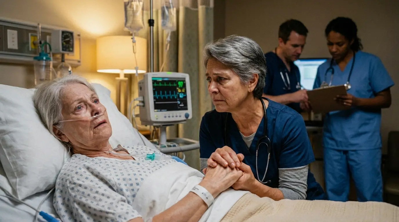 Elderly woman in hospital bed with oxygen mask, middle-aged female doctor holding her hand looking worried
